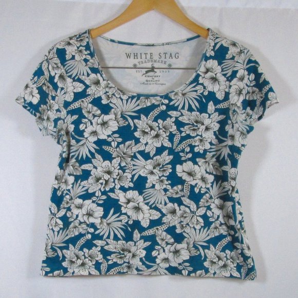 White Stag Tops - White Stag Womens Teal and White Floral Scoop Neck Cotton Shirt Size M P…
